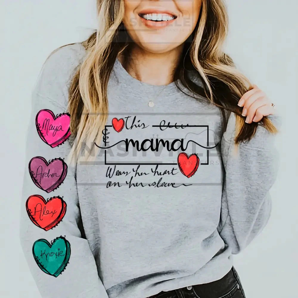 Customizable This Mama Wears Her Heart On Sleeve Grey Sweatshirt