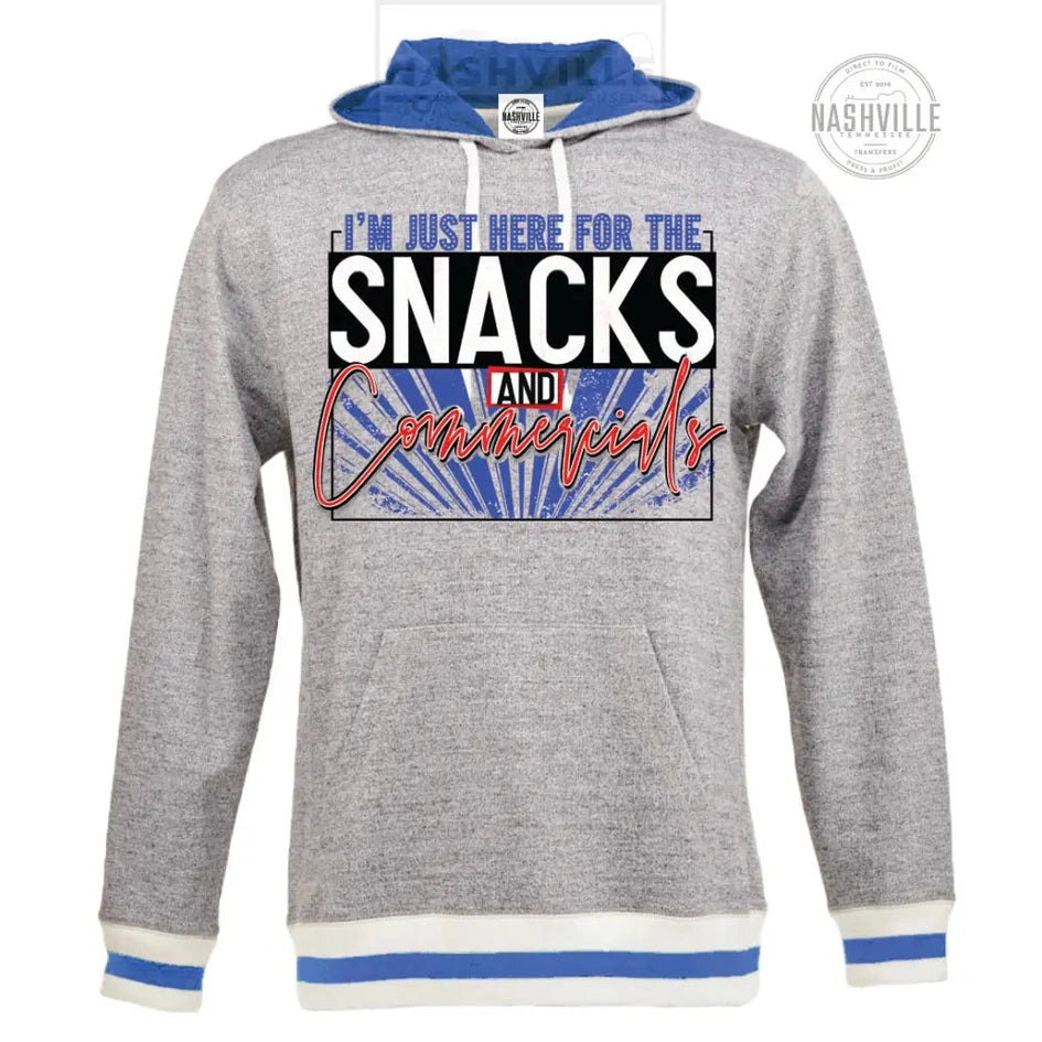 Im Just Here For The Snacks And Commercials Football Heathered Hoodie. S / Blue