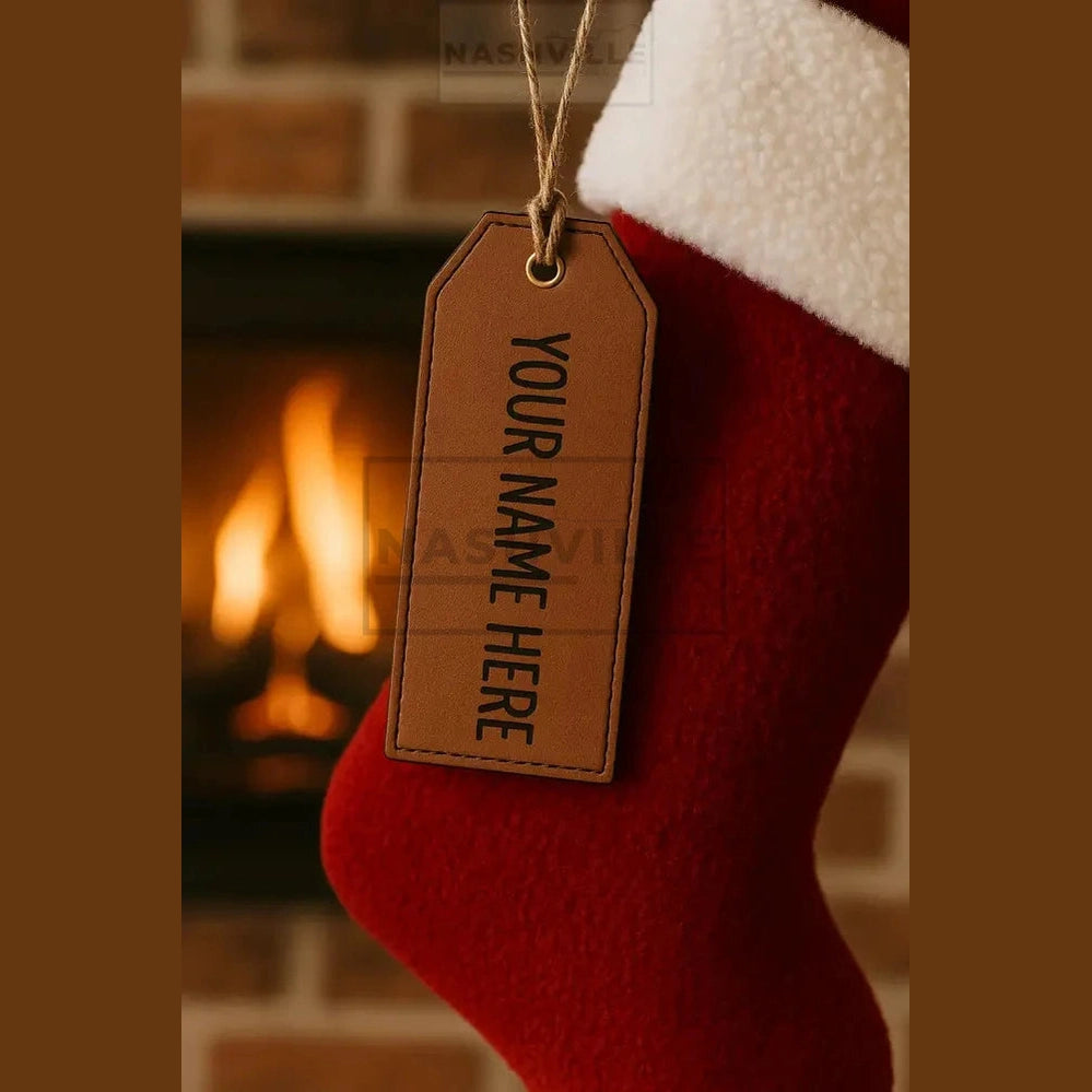 Personalized Leather Stocking Tag – Custom Name Engraved Christmas Tag – Faux Leather Gift Tag with Leather String –