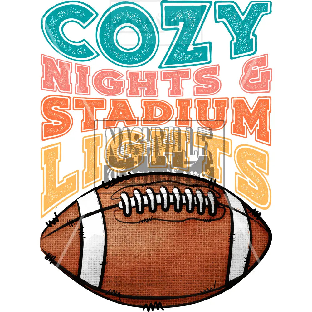 Cozy Nights And Stadium Lights Football Transfer. Low Heat / Blue