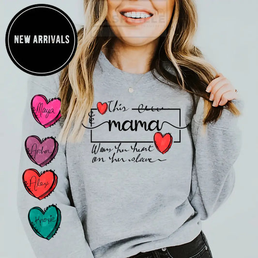 Customizable This Mama Wears Her Heart On Sleeve Grey Sweatshirt