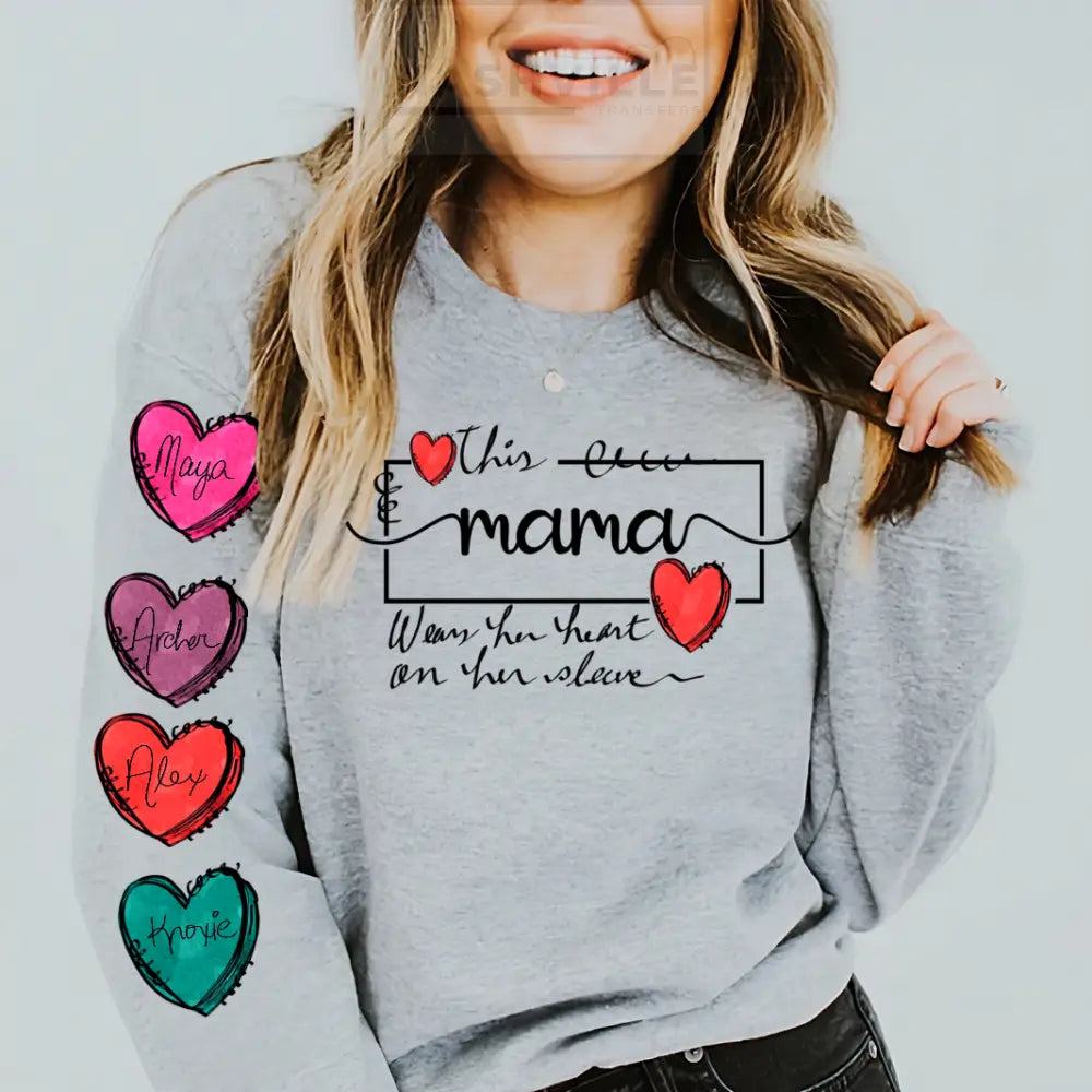 Customizable This Mama Wears Her Heart On Sleeve Grey Sweatshirt