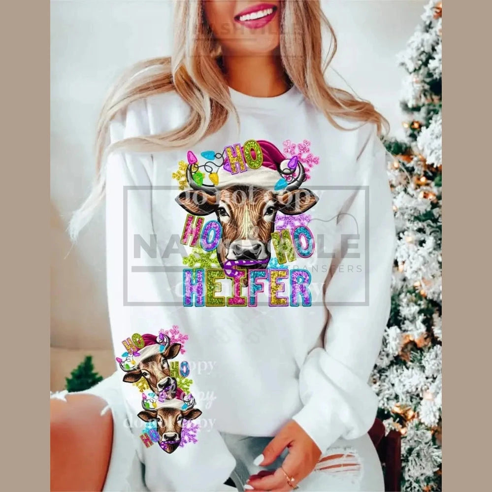 Ho Ho Heifer Cute Cow Sweatshirt With Sleeve Accent.
