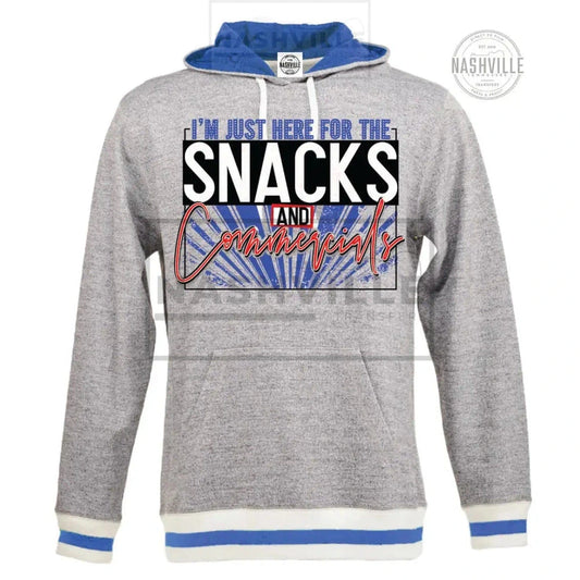 Im Just Here For The Snacks And Commercials Football Heathered Hoodie. S / Blue