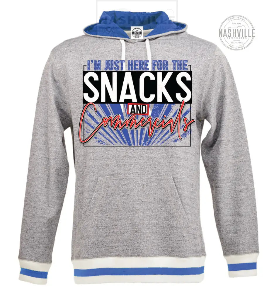 Im Just Here For The Snacks And Commercials Football Heathered Hoodie. S / Blue