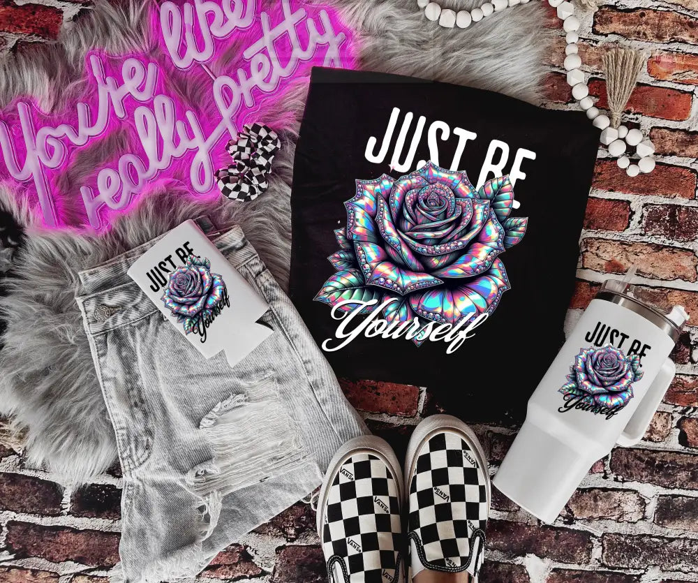 Just Be Yourself Halographic Rose Tee Koozie And Tumbler Combo