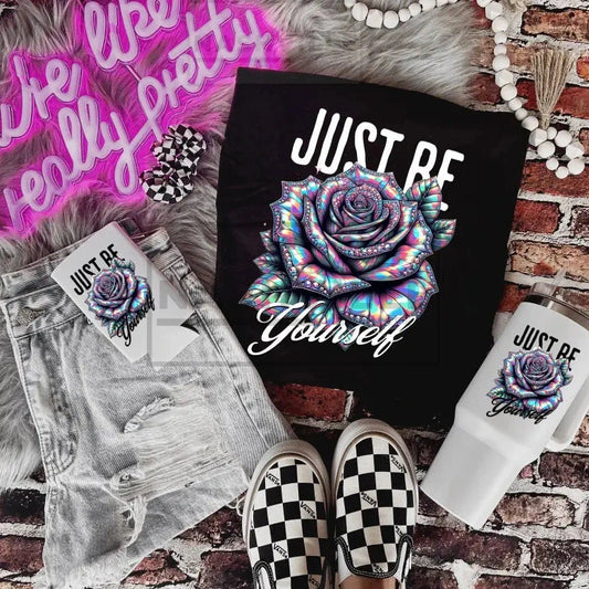 Just Be Yourself Halographic Rose Tee Koozie And Tumbler Combo