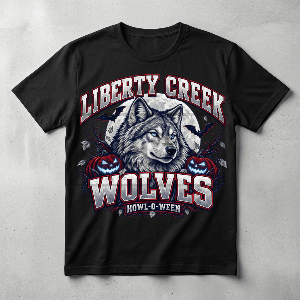 Liberty Creek Wolves Howl-O-Ween black T-shirt mockup