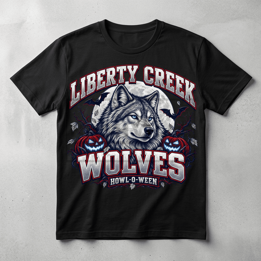 Liberty Creek Wolves Howl-O-Ween black T-shirt mockup