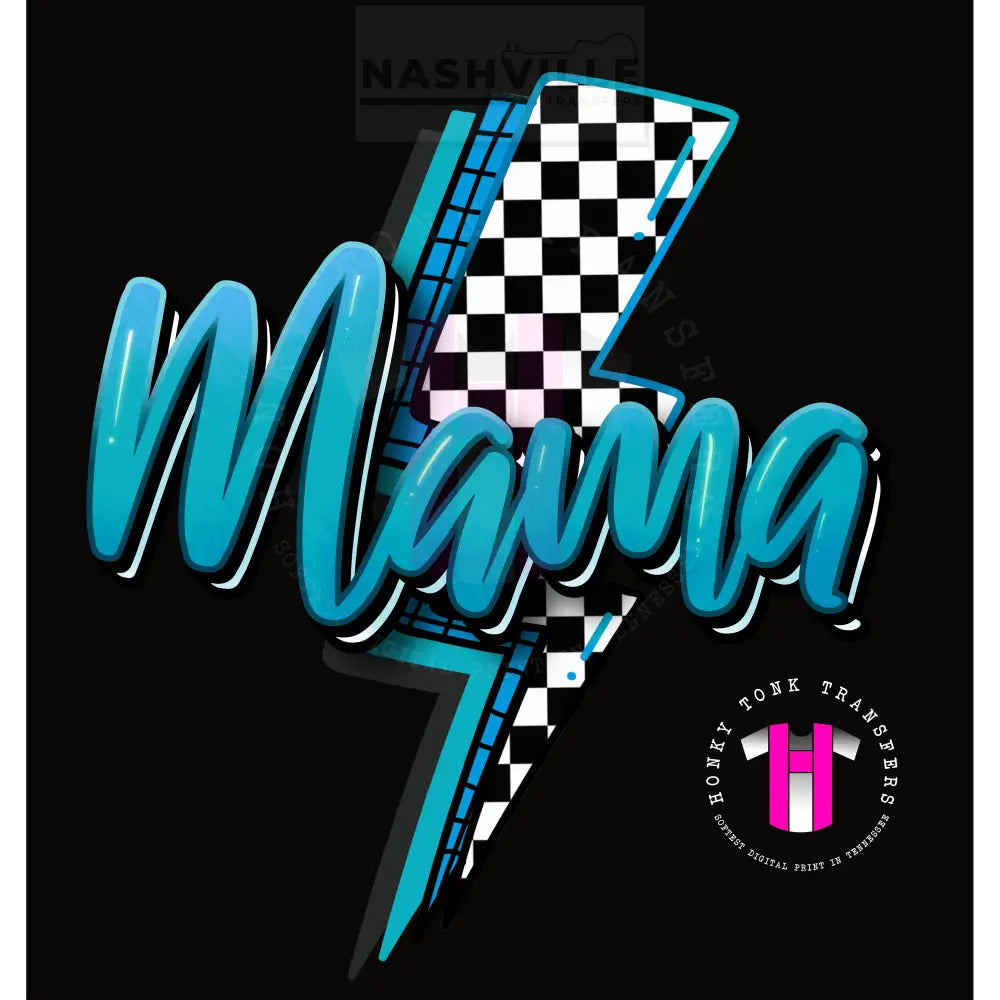 Mama Checkered Lightning Bolt Transfer. Low Heat Transfer / Blue