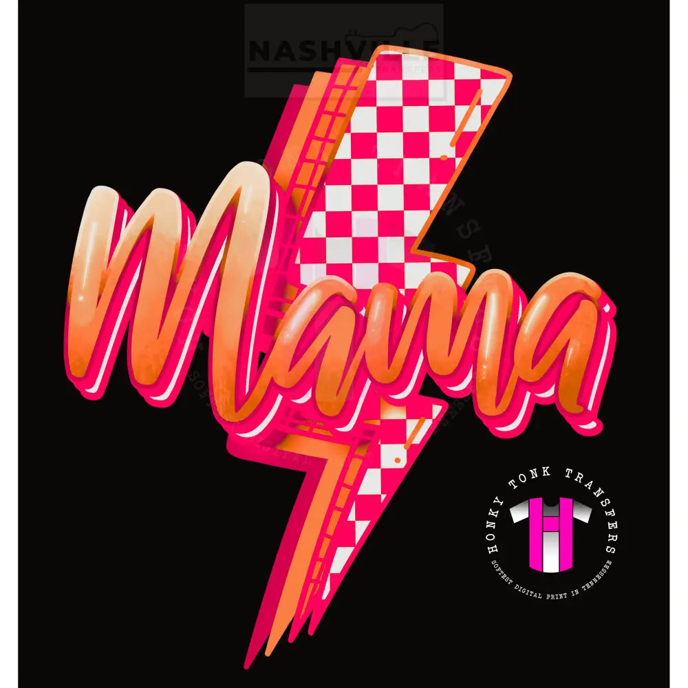 Mama Checkered Lightning Bolt Transfer. Low Heat Transfer / Orange/Yellow