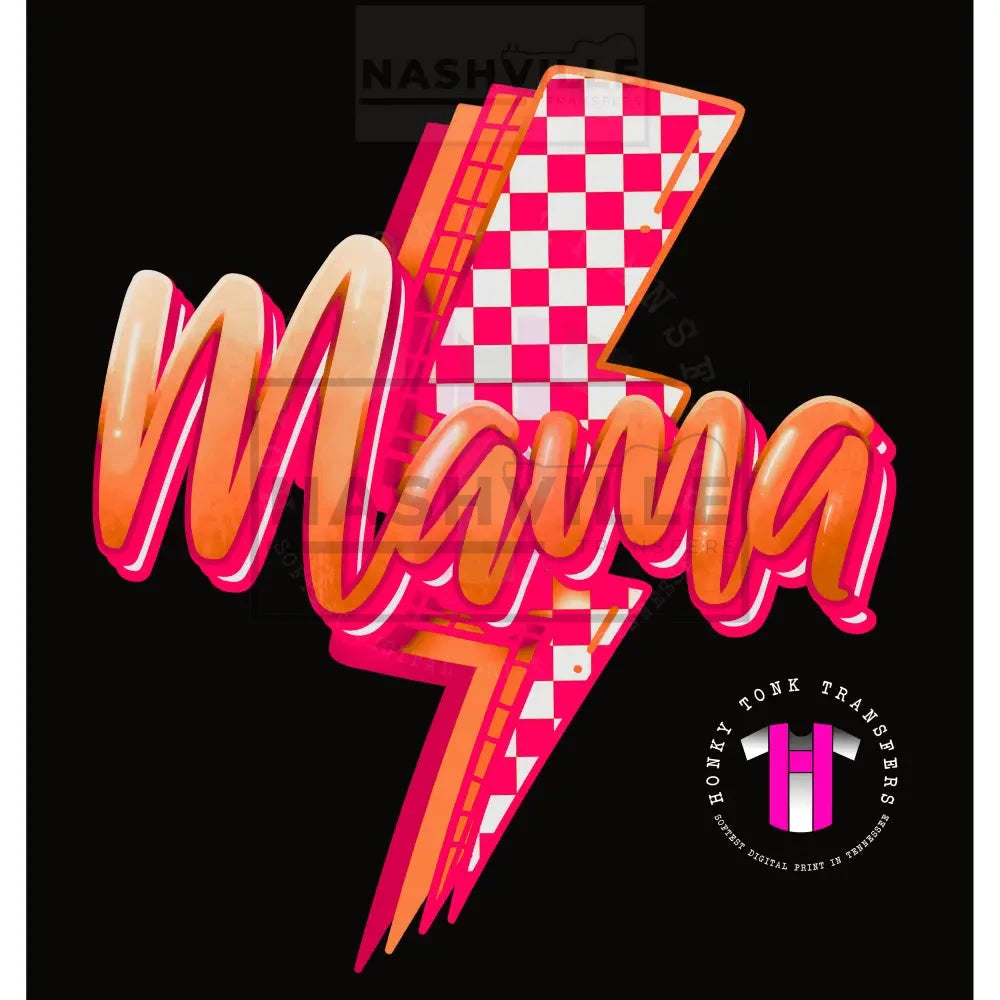 Mama Checkered Lightning Bolt Transfer. Low Heat Transfer / Orange/Yellow