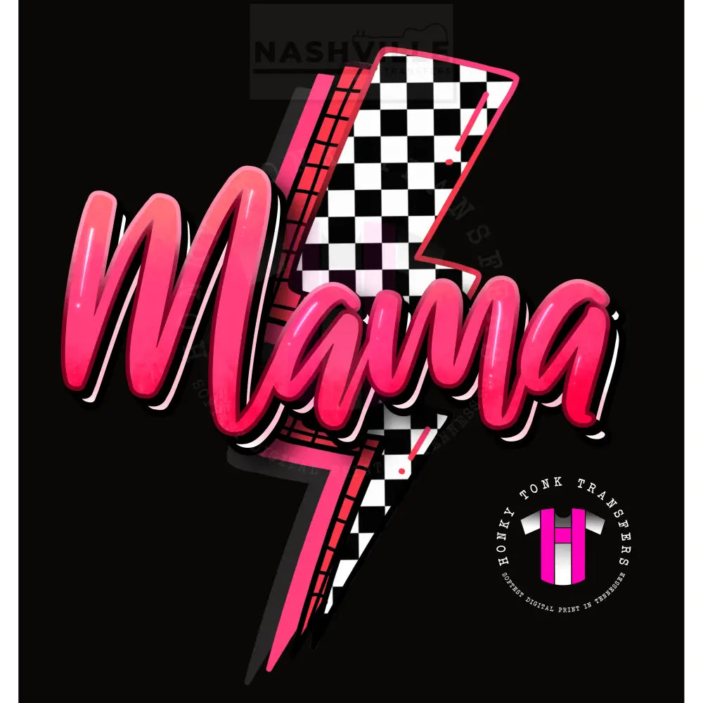 Mama Checkered Lightning Bolt Transfer. Low Heat Transfer / Pink