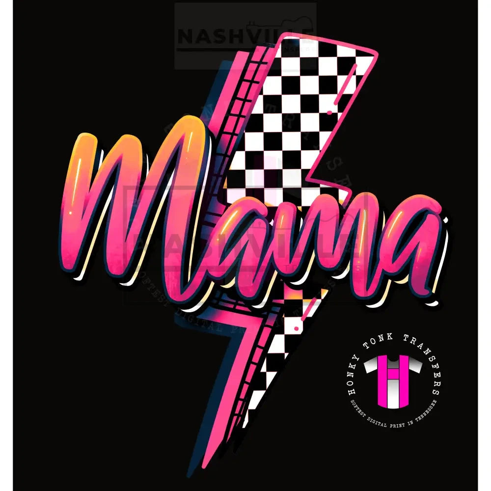 Mama Checkered Lightning Bolt Transfer. Low Heat Transfer / Pink/Orange