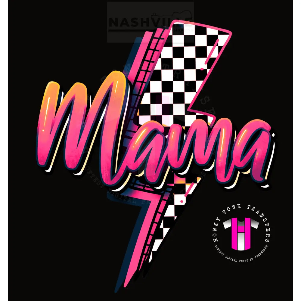 Mama Checkered Lightning Bolt Transfer. Low Heat Transfer / Pink/Orange