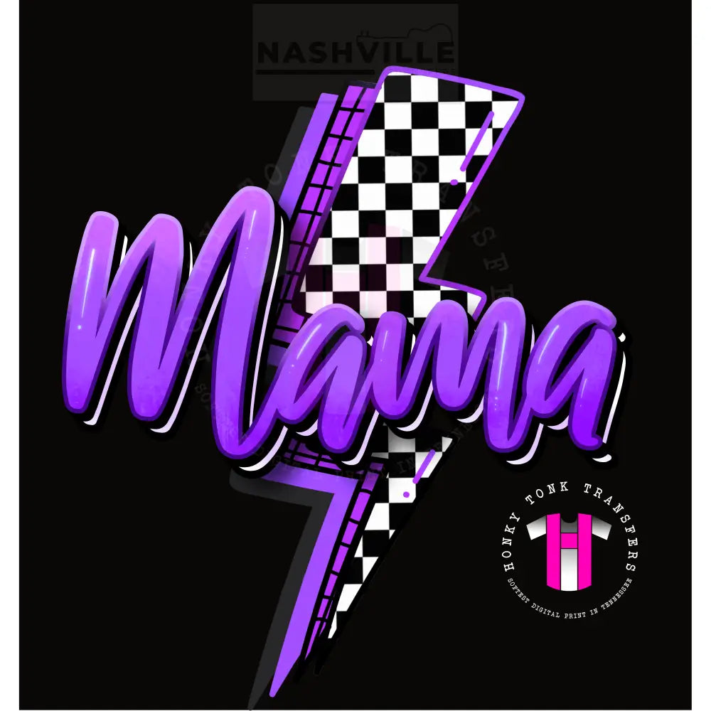 Mama Checkered Lightning Bolt Transfer. Low Heat Transfer / Purple