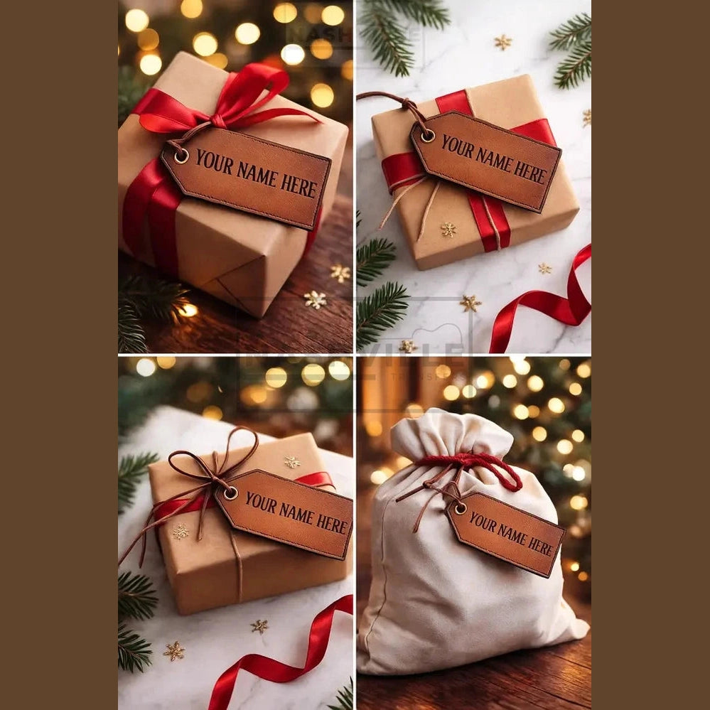 Personalized Leather Stocking Tag – Custom Name Engraved Christmas Tag – Faux Leather Gift Tag with Leather String –