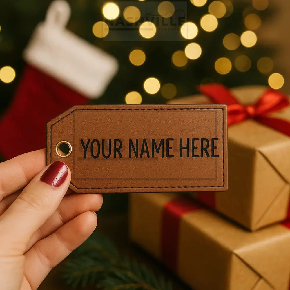 Personalized Leather Stocking Tag – Custom Name Engraved Christmas Tag – Faux Leather Gift Tag with Leather String –