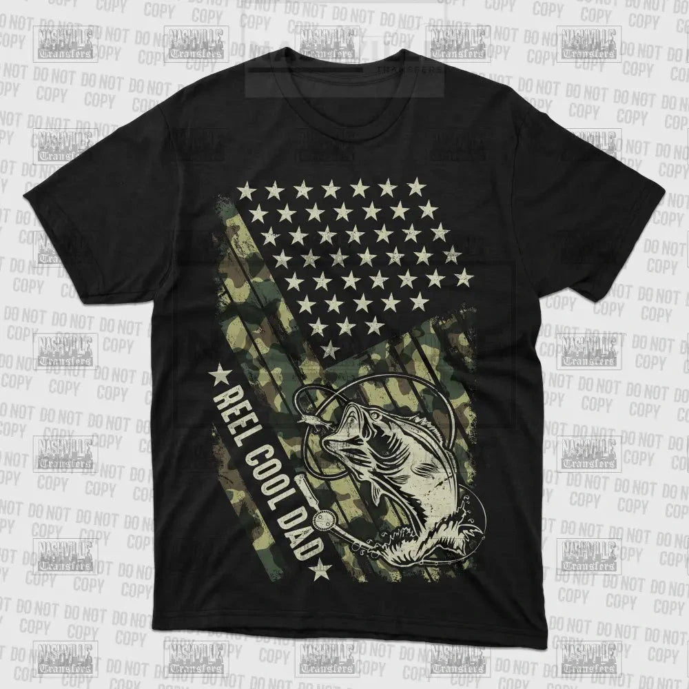 Reel Cool Dad Camo American Flag Tee.