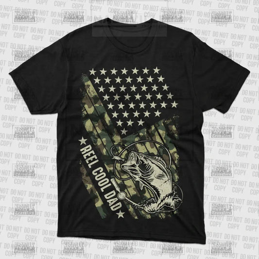 Reel Cool Dad Camo American Flag Tee.