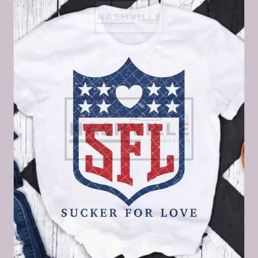 Sucker For Love Valentines Holiday Football Tee. S / Blue Glitter