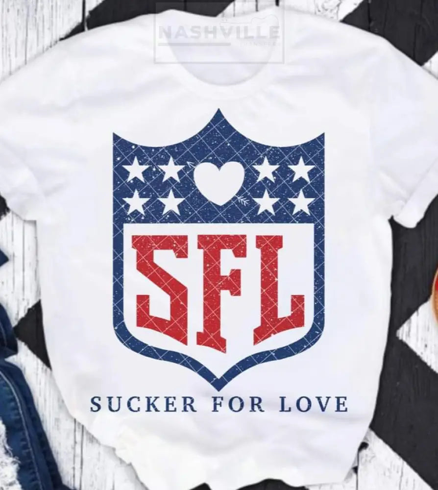 Sucker For Love Valentines Holiday Football Tee. S / Blue Glitter