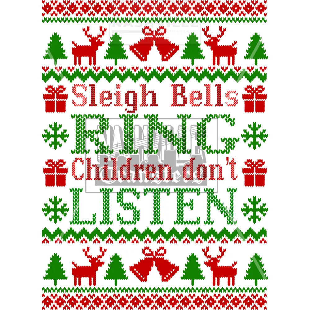 Ugly Sweater Sleigh Bells Ring Christmas Holiday Stock Transfer. Low Heat Transfer / Red